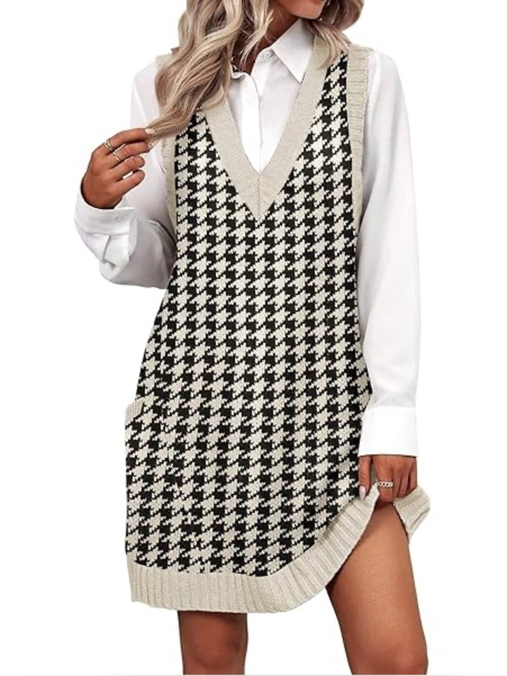Sleeveless Houndstooth Knit Dress - Black & Cream